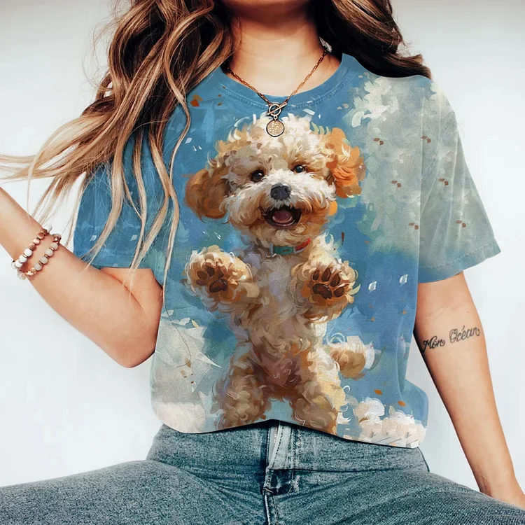 Women's Cute Happy Face Puppy Print Round Neck T-Shirt