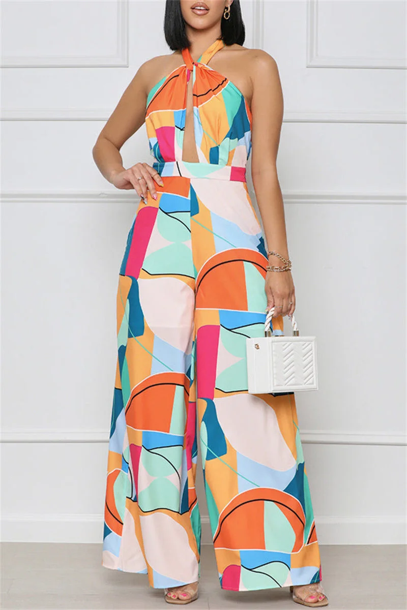 Sexy Casual Print Bandage Backless Halter Regular Jumpsuits