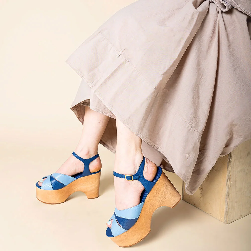 Navy & Sky Blue Peep Toe Ankle Strap Clog Heels with Platform