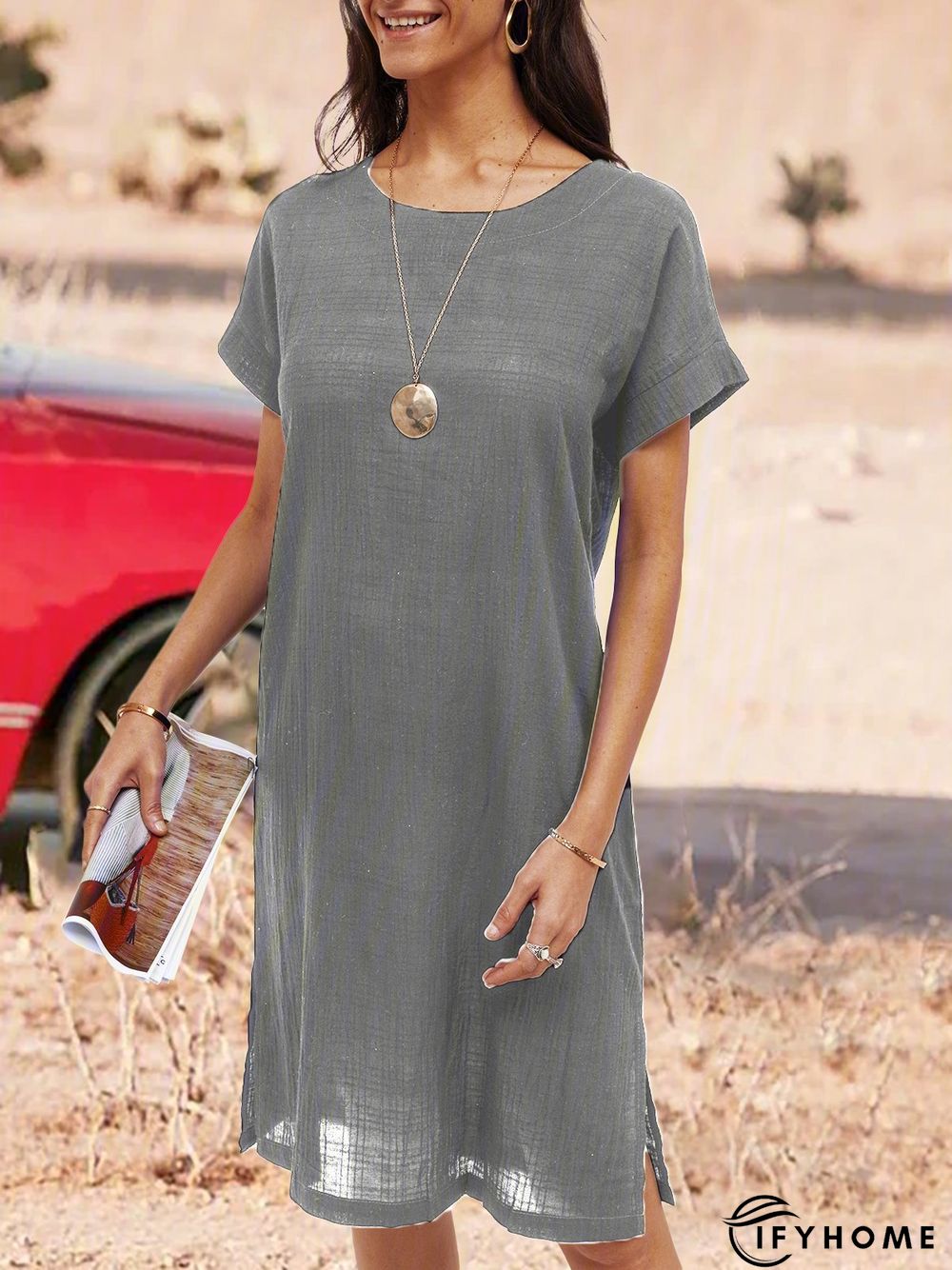 Soft Short Sleeve Cotton-Blend Casual Round Neck Knitting Dress | IFYHOME