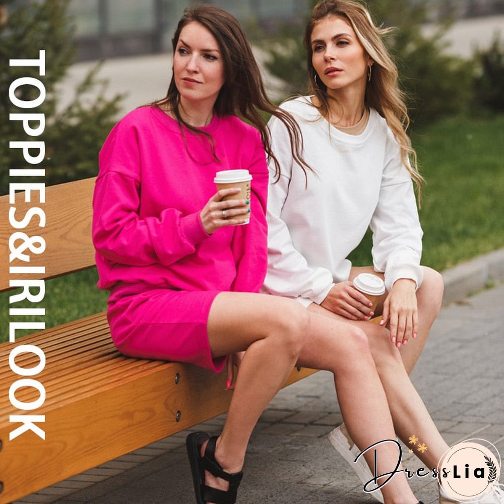 toppies Women Two Piece Set Tracksuits O-neck Sweatshirts Elastic High Waist bermuda shorts solid color