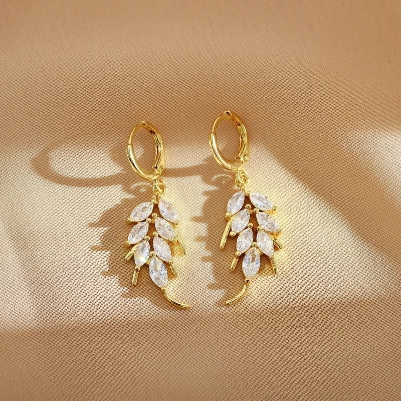 1 Pair Minimalist Leaves Inlay Stainless Steel Zircon Gold Plated Drop Earrings