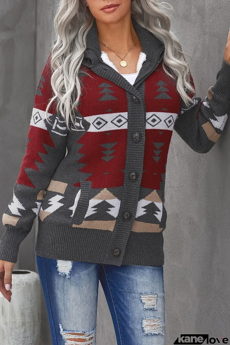 Retro Jacquard Pattern Buttoned Front Hooded Sweater