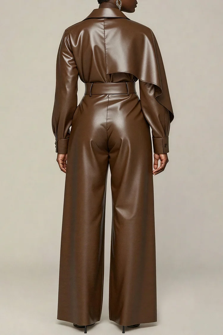 Plus Size Daily Brown Shirt Collar Long Sleeve Pocket Vintage PU Leather Two Piece Pant Sets [Pre-Order]