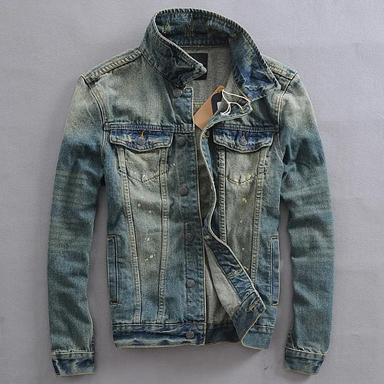 Vintage Distressed Slim Fit Stretch Denim Jacket