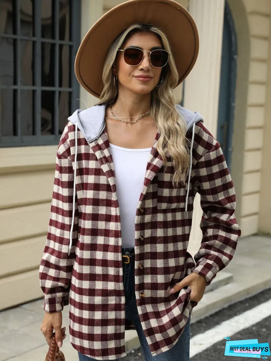 Drawstring Plaid Long Sleeve Hooded Jacket