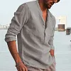 Men's Shirt Linen Shirt Maroon Shirt Solid Color V Neck White Black Gray Wine Army Green Long Sleeve Daily Vacation Tee by Inlyline