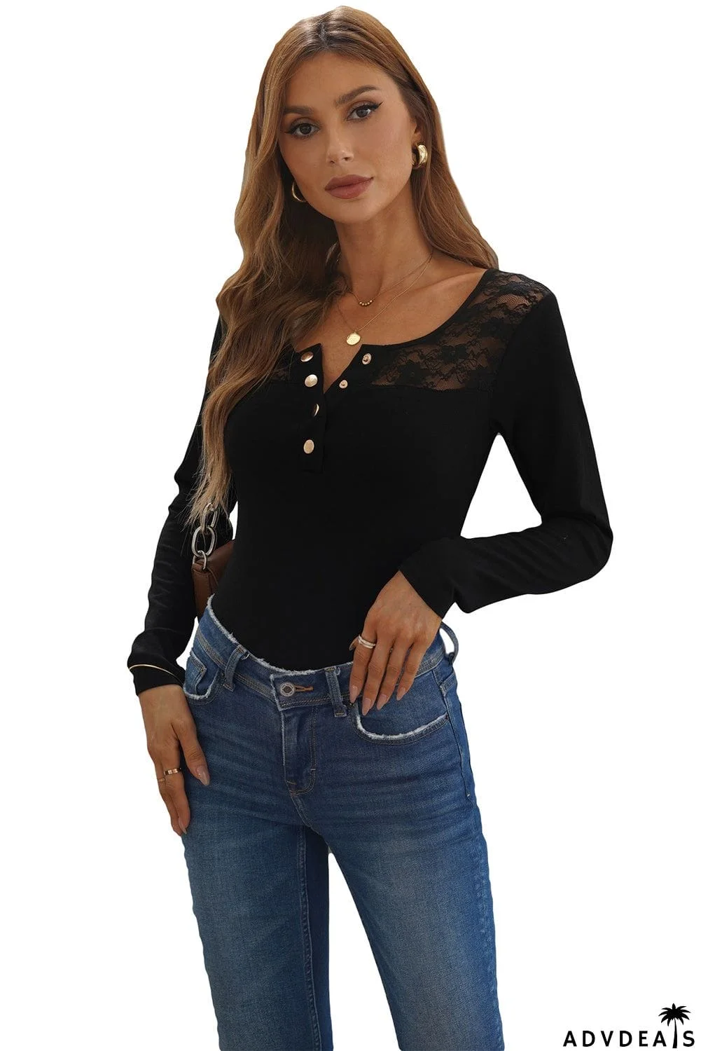 Lace Splicing Buttoned Long Sleeve Top