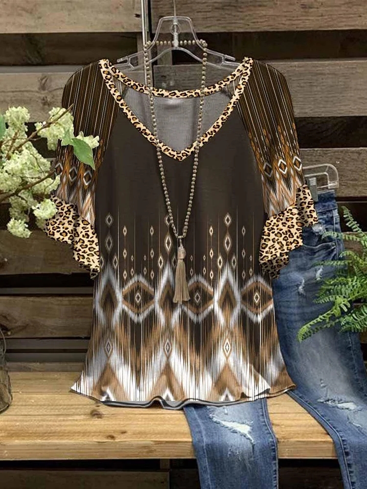 Women's Summer V-Neck Leopard Print Lotus Leaf Sleeve Short Sleeve Top