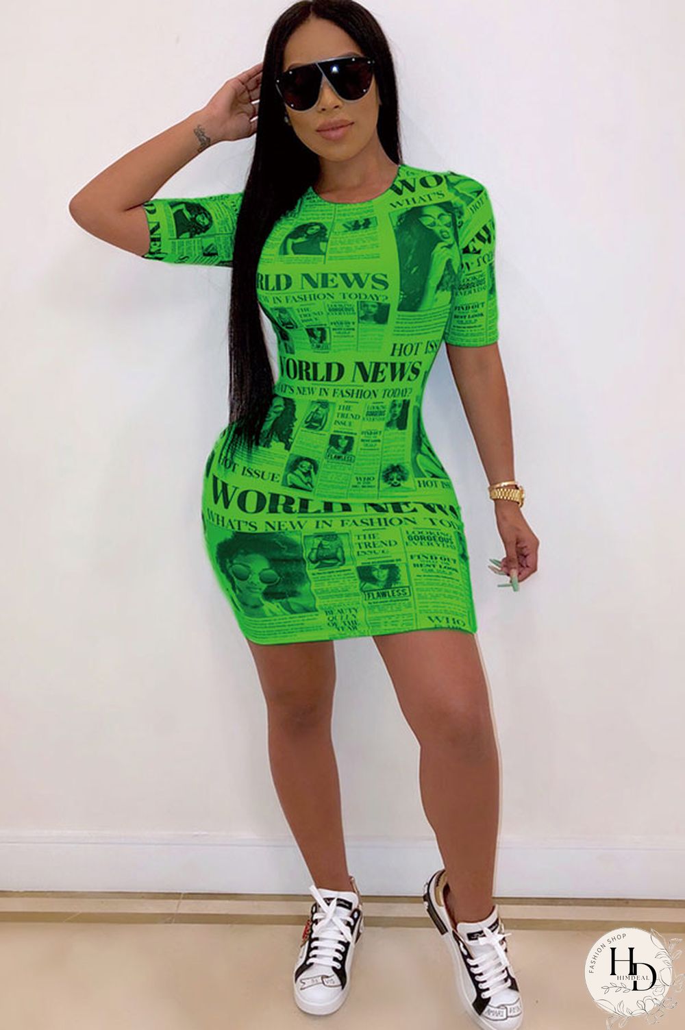 Green Polyester Sexy Cap Sleeve Short Sleeves O neck Step Skirt Mini Patchwork Print Club Dresses