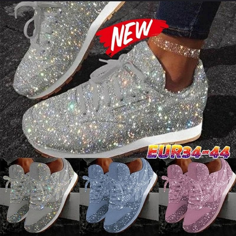 Women Flat Glitter Sneakers Casual Female Mesh Lace Up Bling Platform Comfortable Plus Size Vulcanized Shoes 2019 Soft Knitting