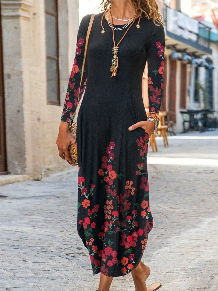 Loosen Pastoral Crew Neck Dresses