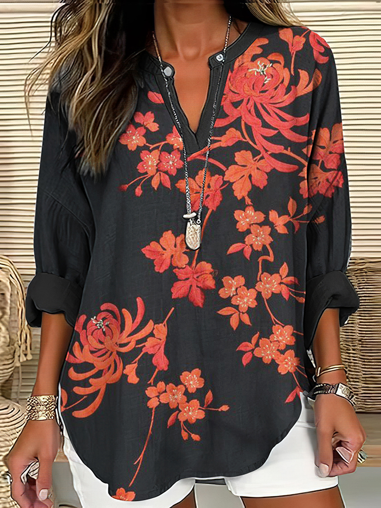 Comstylish Japanese Flowers Art  Linen Blend Tunic