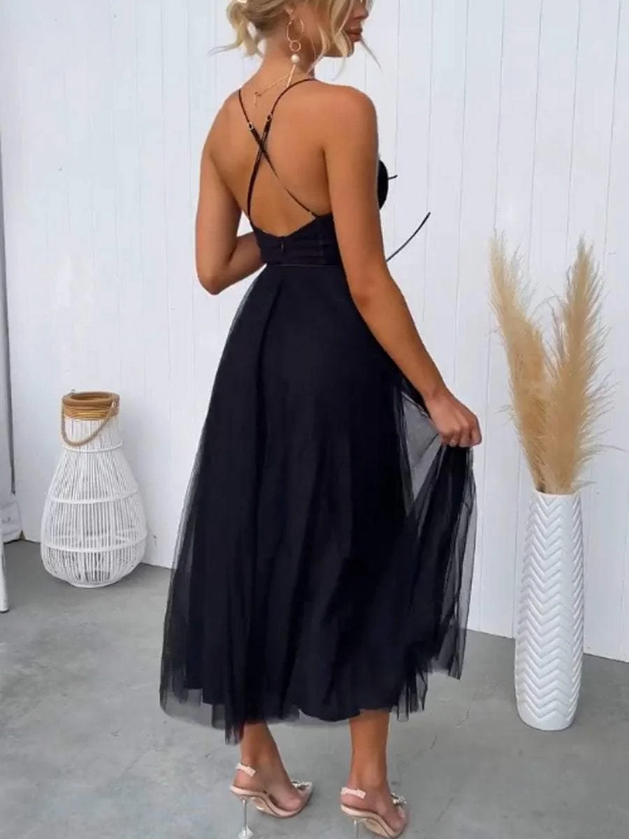 Cross-Strap Backless Mesh Mid-Length Evening Dress