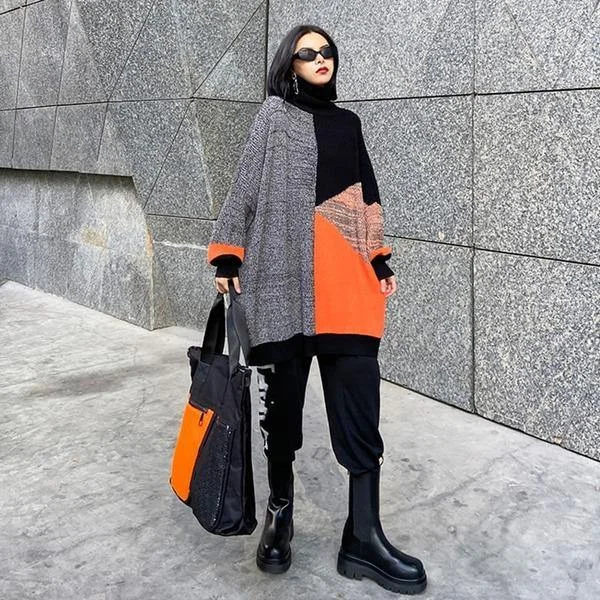 Fashion Loose Turtleneck Contrast Colorblock Long Sleeve Knit Pullover