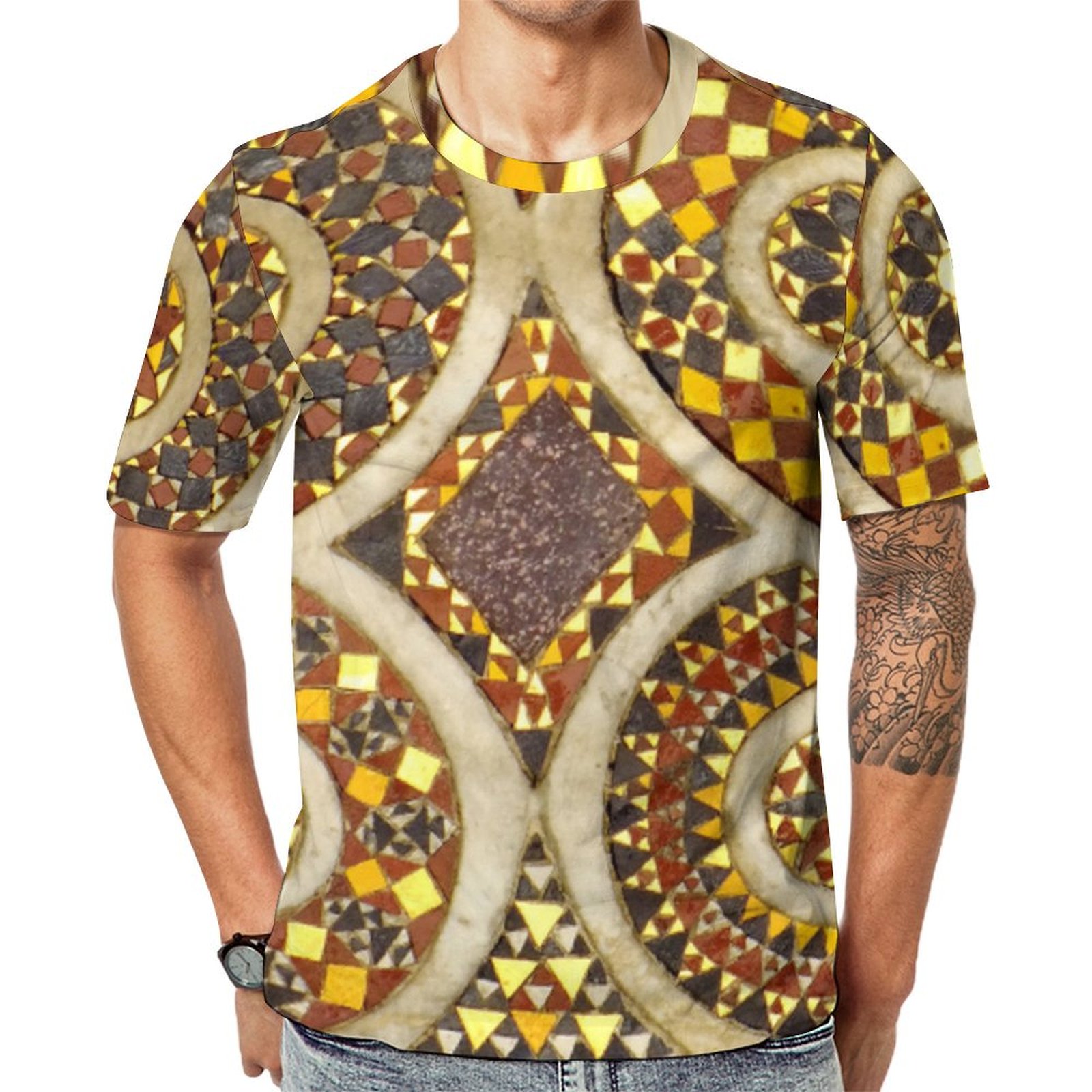 Vintage Editable Romanesque Gold Mosaic Short Sleeve Print Unisex Tshirt Summer Casual Tees for Men and Women Coolcoshirts