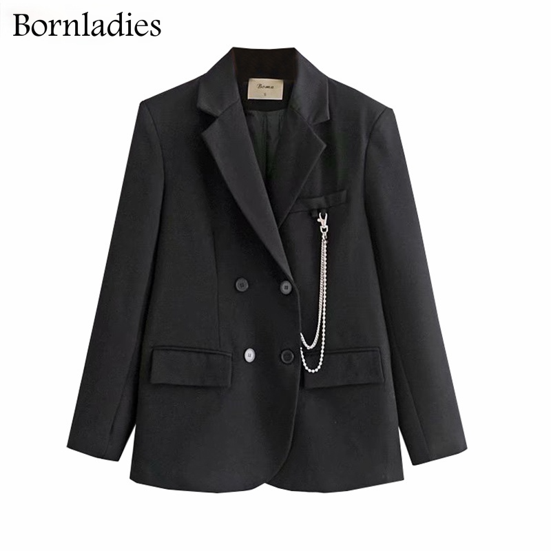 Bornladies New Autumn Chic Loose Women Solid Blazer Full Sleeve Chain Double Breasted Female Suit Jackets Casual Ladies Outwear
