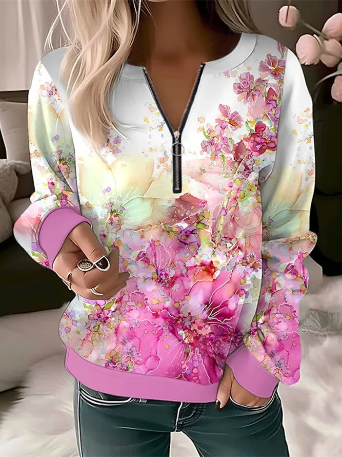 Women's Long Sleeve V-neck Floral Printed Graphic Tops