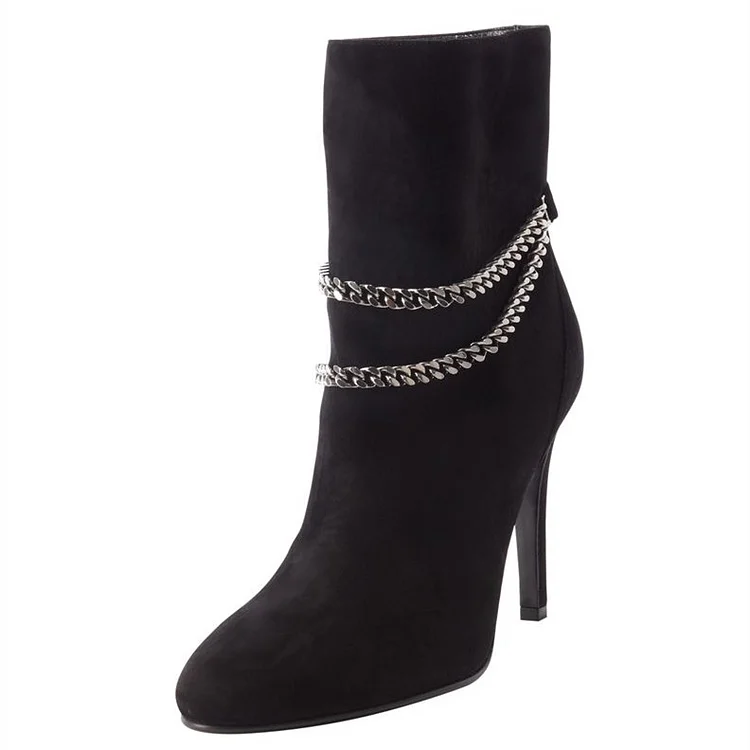 Black 4 Inches Stiletto Boots Suede Ankle Booties with Metal Chain |FSJ Shoes