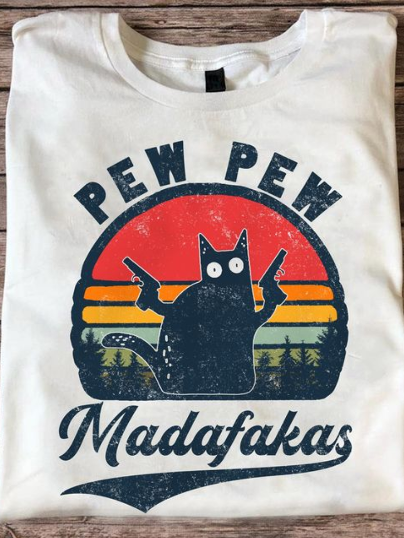 Cute Cat Gun Holding Printed T-Shirt