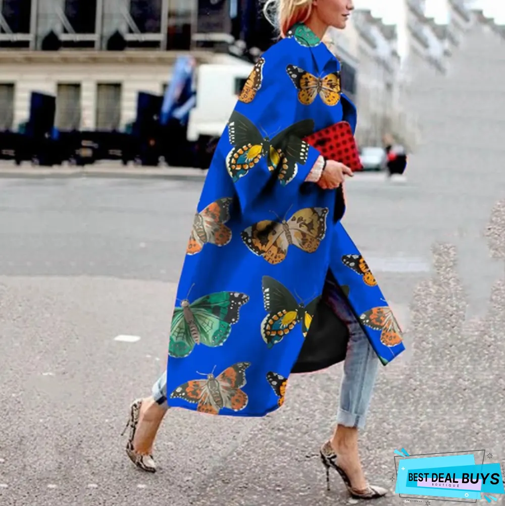 Long Flared Sleeve Printed Loose Coat