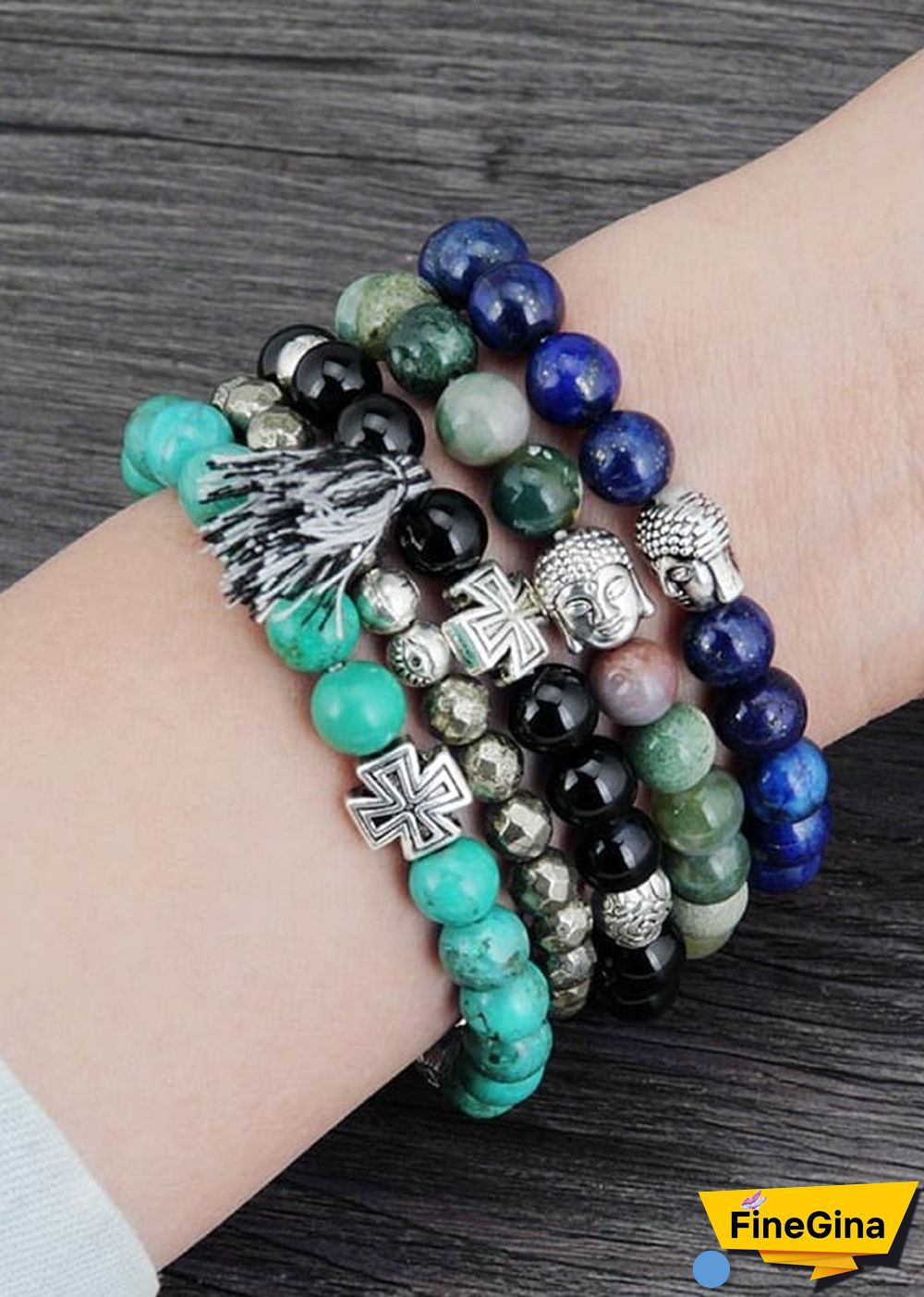 Boho Bracelet, Stretchy Bracelet, 8MM Blue Lapis Luzuli Antique Buddha