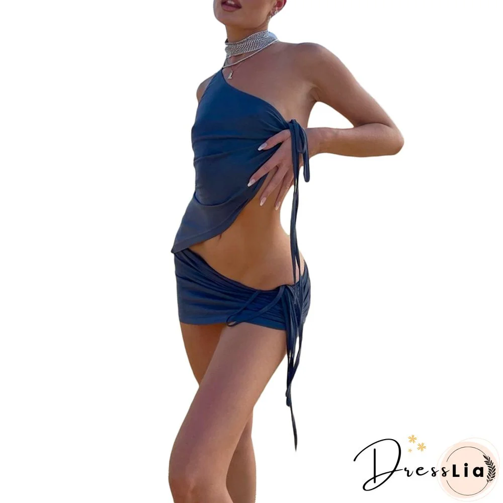 Skirt Set Y2k Aesthetic Women One Shoulder Drawstring Crop Top And Pleated Mini Skirt Sexy Two Piece Clothes Clubwear
