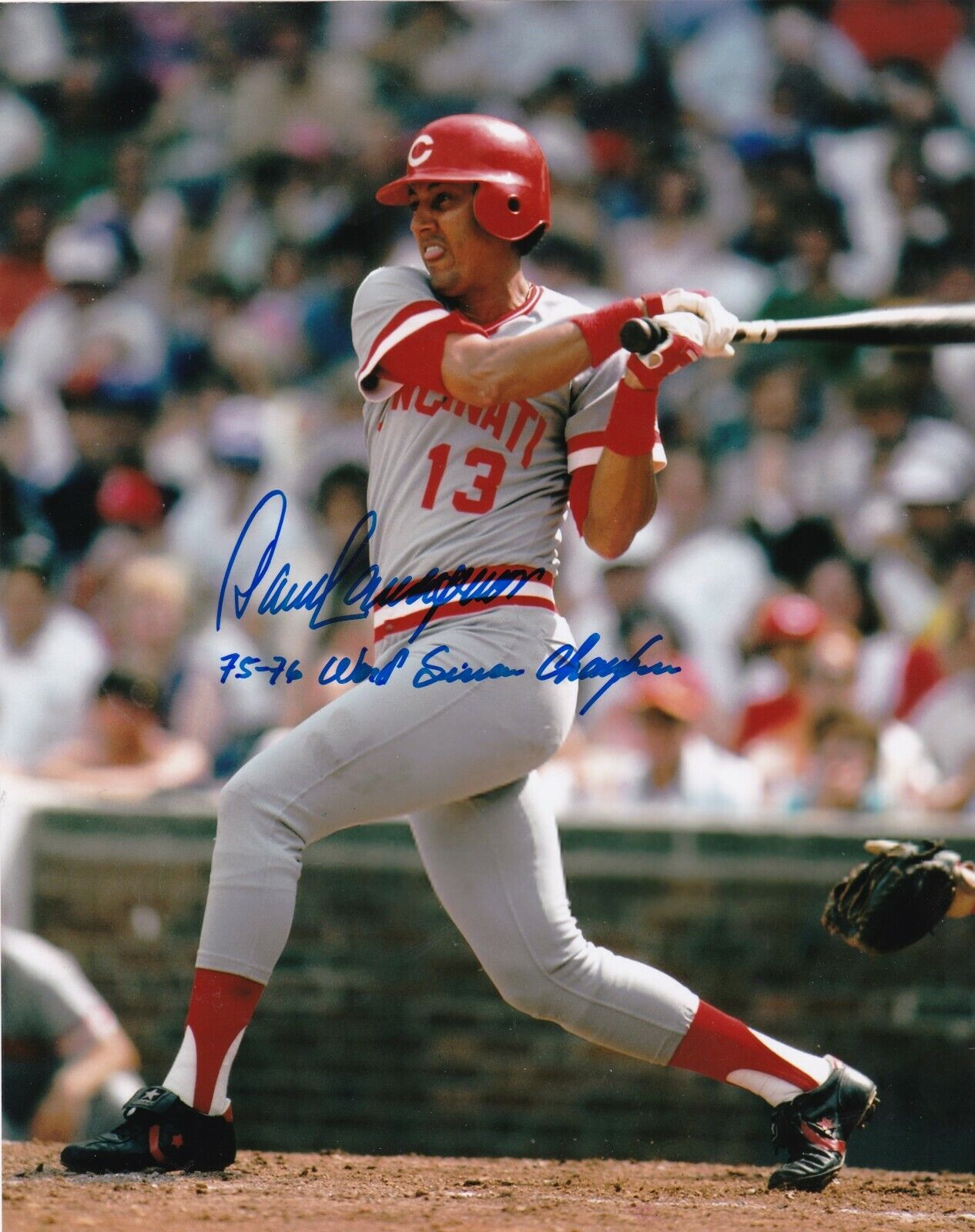 DAVE CONCEPCION CINCINNATI REDS 1975-76 WS CHAMPIONS ACTION SIGNED 8x10