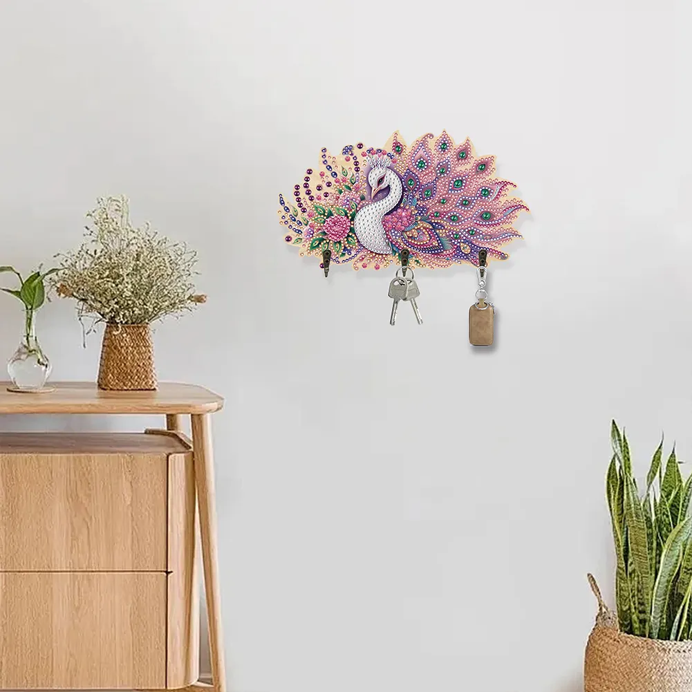 Wooden Pink Feather Peacock Diamond Painting Craft Wall Hooks A Row of 3 Hooks