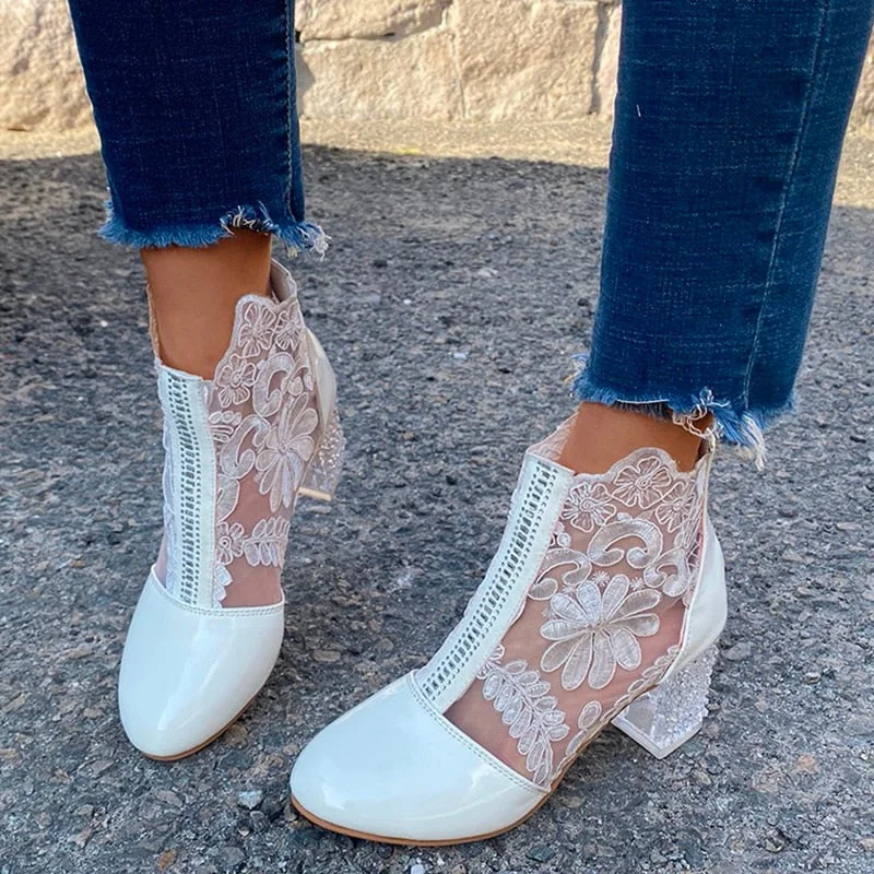 Sexy Black Mesh Embroider Ankle Boots For Women Summer 2022 Crystal Square Heels Boots Woman Round Toe Lace Short Botas