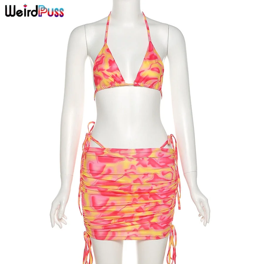 Weird Puss Summer Swimsuit Women Sexy Trend Bikini Tops+Skirt Suits Beach Style Matching Sets Chic Fairy Grunge Vacation Outfits