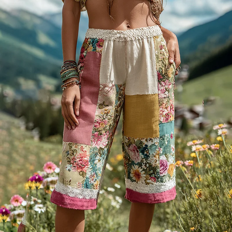 Women's Patchwork Floral Contrast Waist Elastic Pocket Shorts