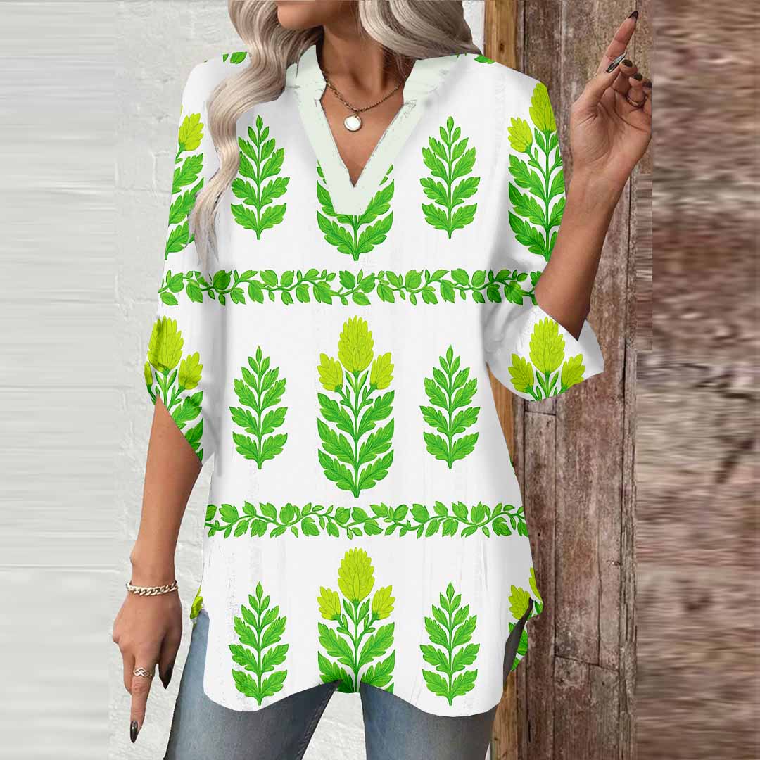 Women Floral, Leaves, Green DZGA0116 3/4 Sleeve V-neck Printed Graphic Button Tops