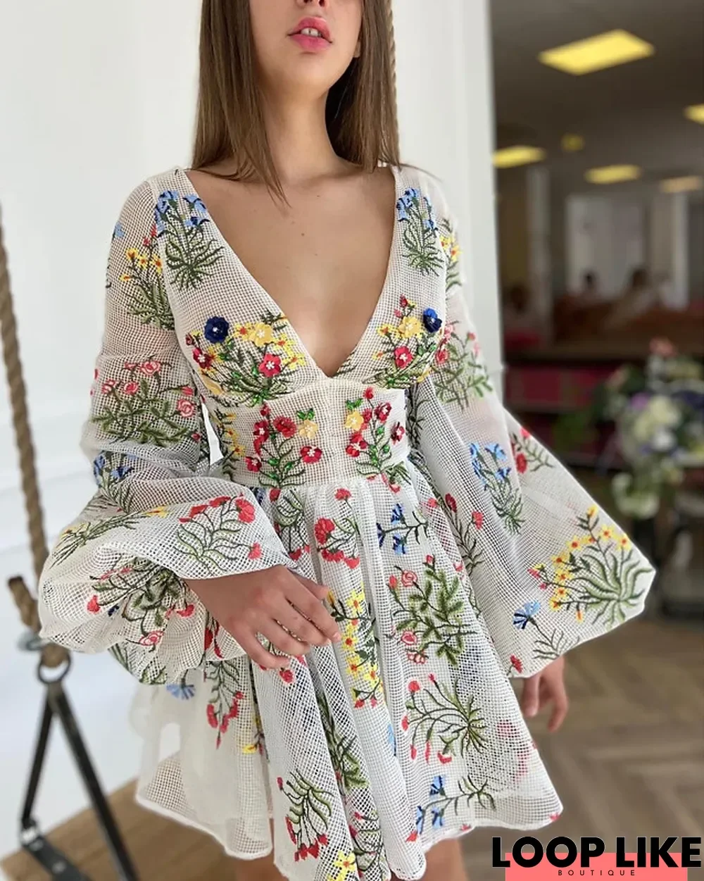 Women's A Line Dress Short Mini Dress Long Sleeve Floral Embroidered Fall Spring Elegant Vintage Lantern Sleeve Mesh White