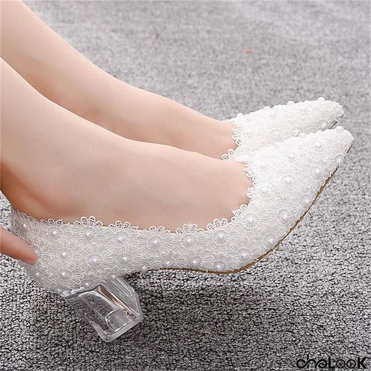 Gentle Female Lace Floral White Pearl Chunky High Heels Pumps