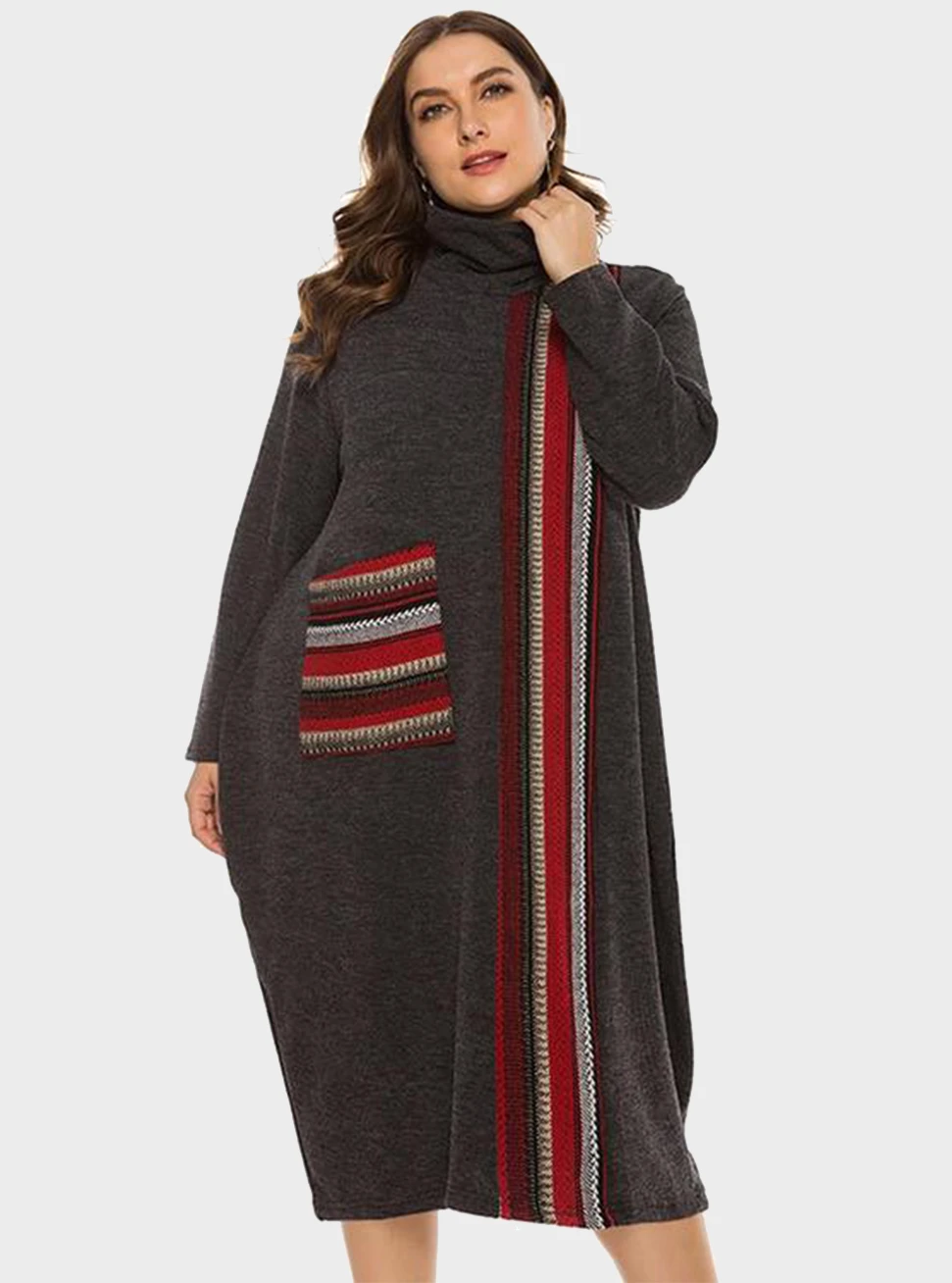  thdmladies High-neck Contrast Striped Plus Size Dress thedmladies