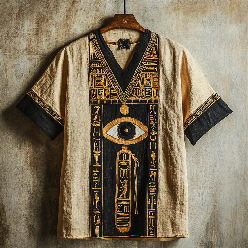 Ancient Egyptian Eye Of Horus Embroidered Contrast Linen Shirt