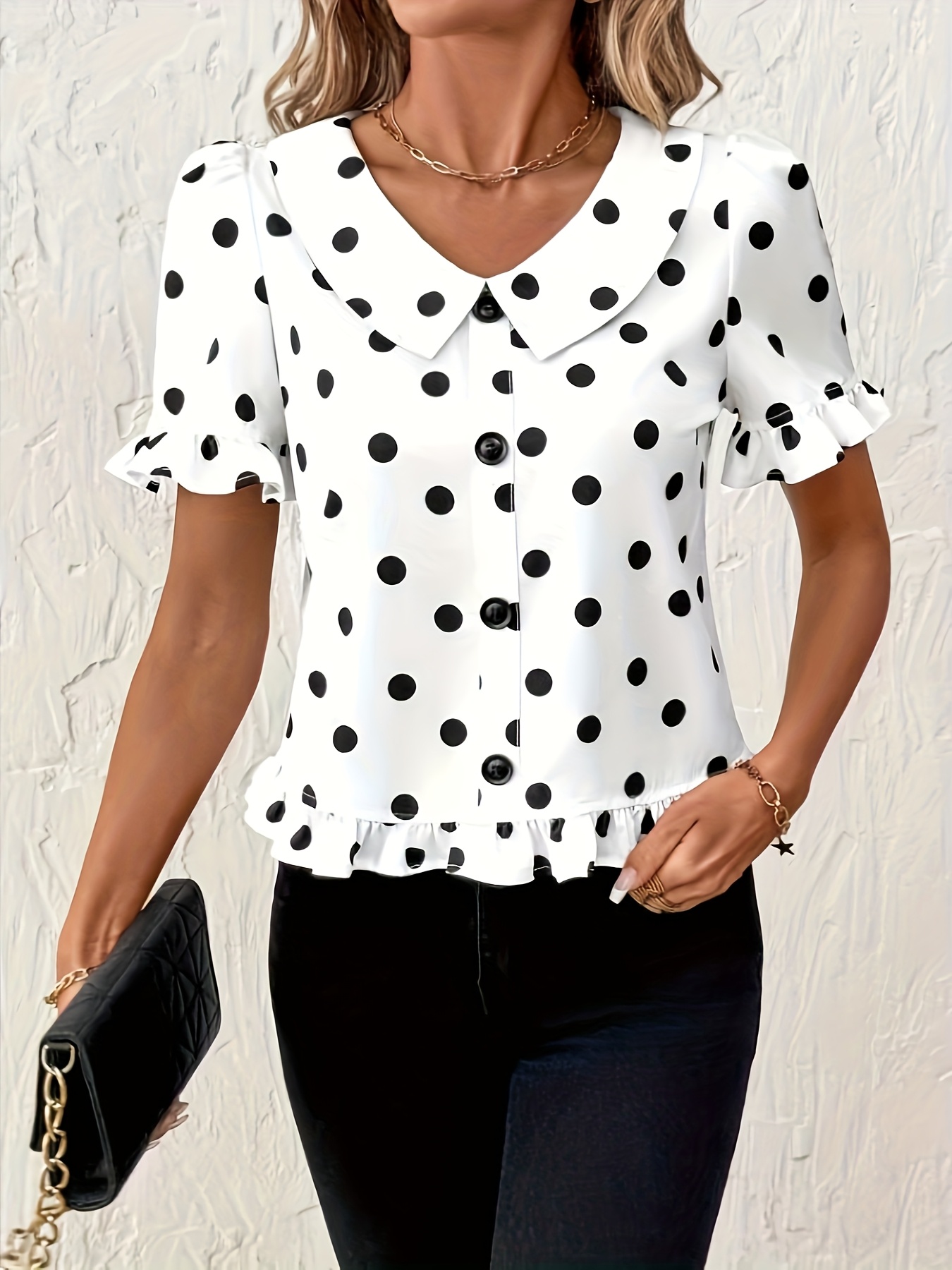 Women's Elegant Polka Dot Print V-Neck Blouse With Ruffled Hem & Puffed Sleeves - Lightweight Machine-Washable Shirt For Summer, Casual To Formal Outfits, Black & White Holiday Attire, Formal Shirt, Vneck Design, Nontransparent Fabric | IFYHOME