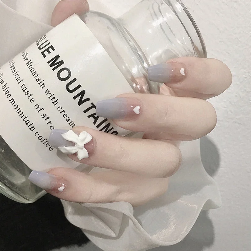 24pcs White Butterfly False Nail Patch Glue Type Removable Long Paragraph Fashion Manicure Coffin Fake Nail Patch Ballerina Art-Nail Inspo