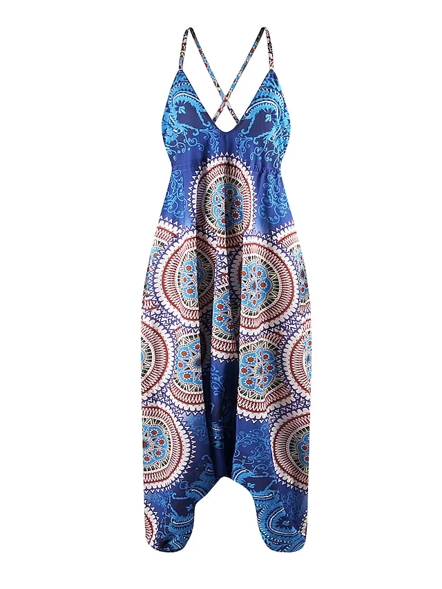Women's Pants Trousers Jumpsuit Rompers Harem Pants Blue Wine Orange Mid Waist Boho Casual / Sporty Hippie Casual Weekend Baggy Drop Crotch Micro-elastic Full Length Comfort Graphic One-Size / Print | IFYHOME
