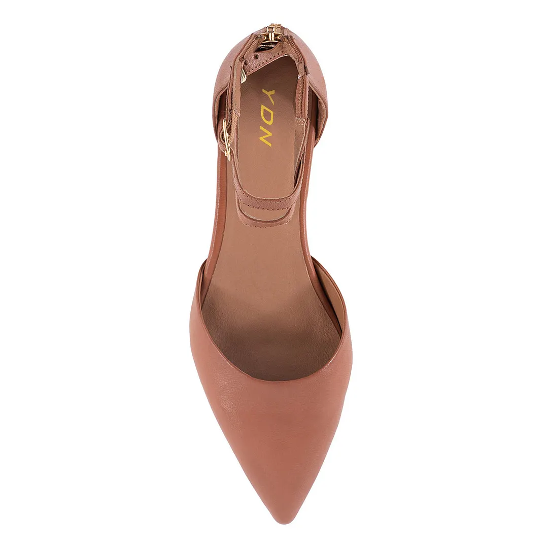 Tan Vegan Leather Ankle Strap Pointed Toe Zipper Flat Shoes for Women