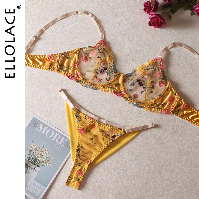 Billionm Fairy Female Lingerie Transparent Bra Set Woman 2 Pieces Embroidery Lace Bra Satin Delicate Underwear Erotic Outfits