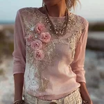 Elegant Boho Roses Embroidered Lace Comfy Linen Shirt - Image 2