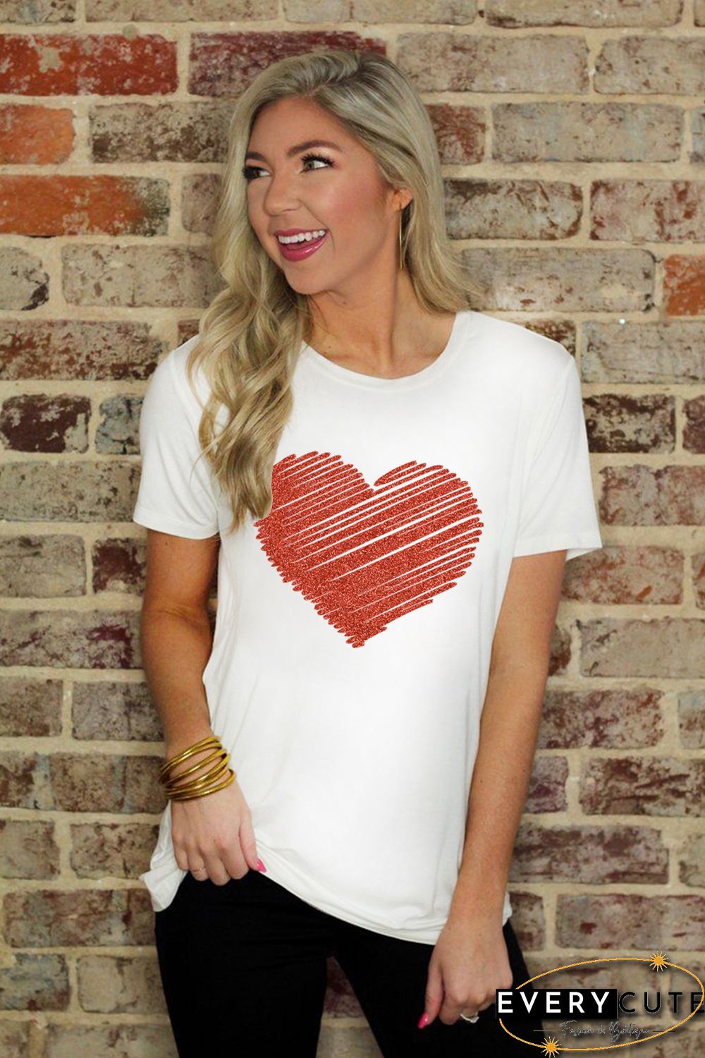 White Heart Shape Glitter Patter Print Short Sleeve T Shirt