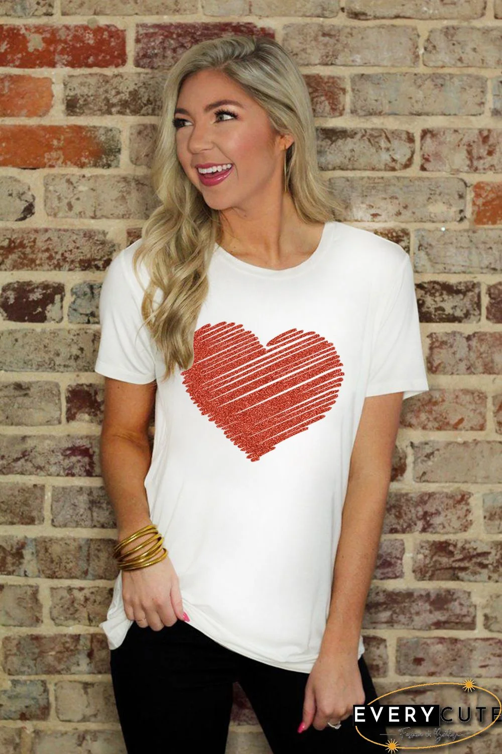 White Heart Shape Glitter Patter Print Short Sleeve T Shirt