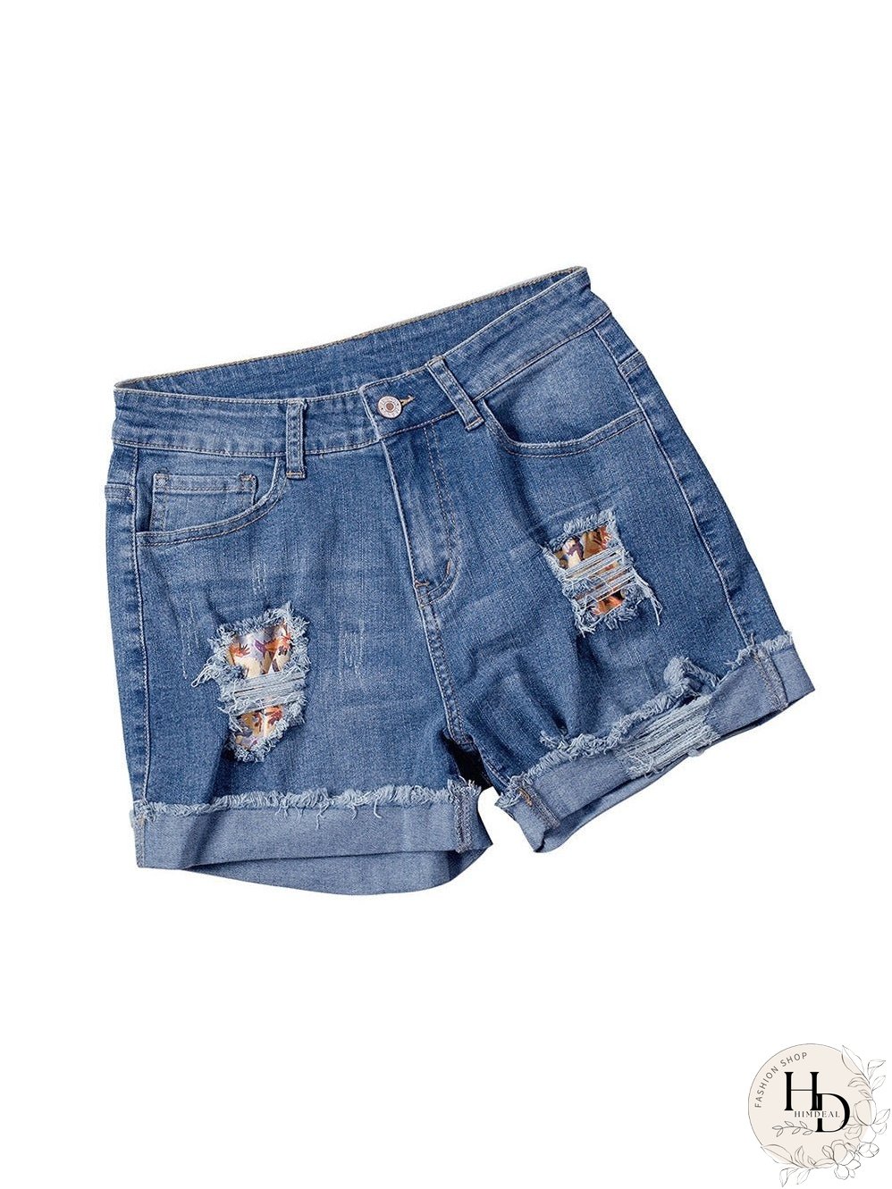 Stylish Distressed Denim Shorts with Floral Applique