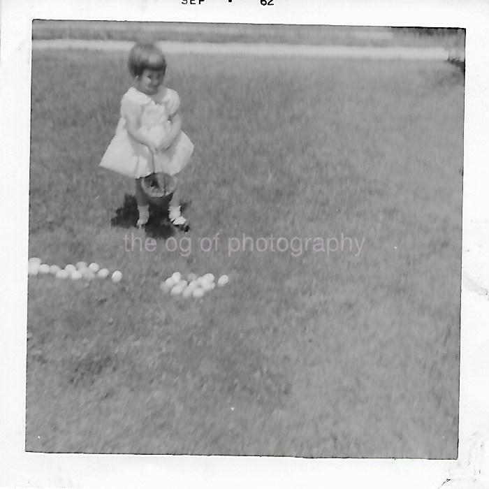 Easter Egg Girl FOUND Photo Poster painting Black And White Snapshot BASKET 1960's 21 69 D