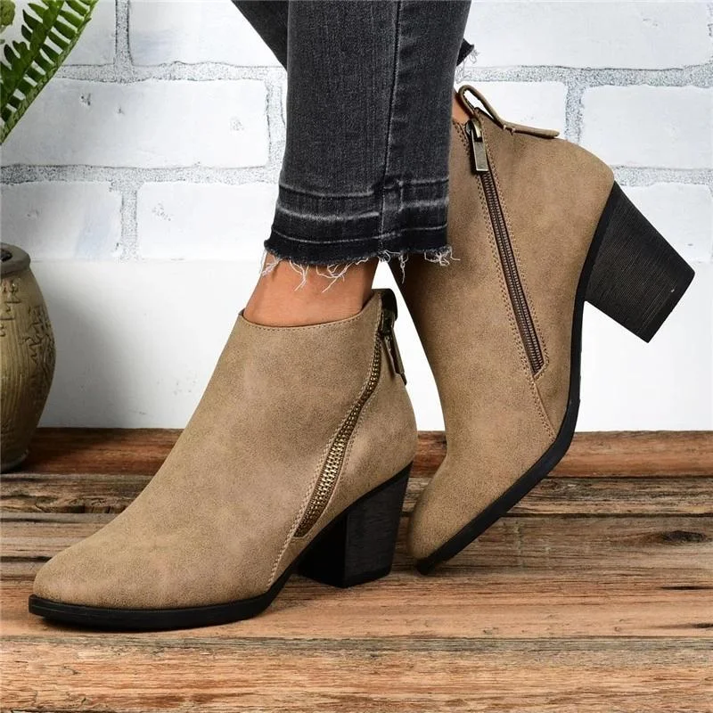 Side Zipper Chunky Heel Ankle Retro Boots