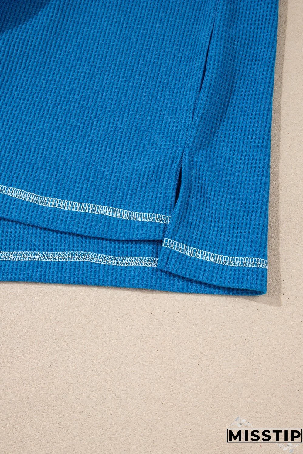 Sky Blue Lace Floral Patchwork Sleeve Stitching V Neck Rib Knit Blouse