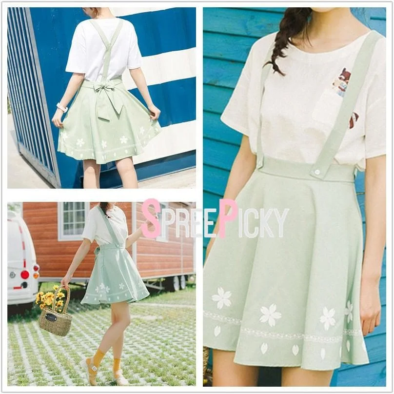 Green Sweet Floral Suspender Skirt SP179830